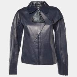 Pre Owned Chanel Navy Blue Leather Zip-Up Button Detail Jacket M