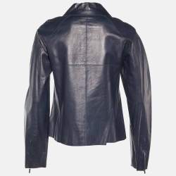 Pre Owned Chanel Navy Blue Leather Zip-Up Button Detail Jacket M
