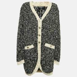 Chanel Black Lurex Knit Tweed Button Front Long Cardigan L