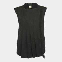 Chanel Black Wool Fringe Edge Brooch Detail Pleated Vest M