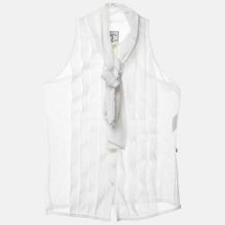 Pre Owned Chanel White Mesh Neck Tie Button Front Shirt S