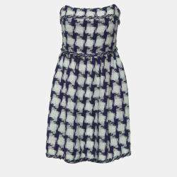 Pre Owned Chanel Black/White Houndstooth Patterned Tube Dress S