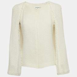 Pre Owned Chanel Ivory White Tweed Cape Fringe Detail Jacket M