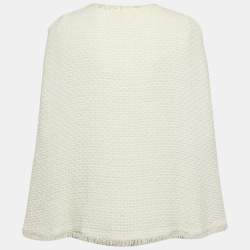 Pre Owned Chanel Ivory White Tweed Cape Fringe Detail Jacket M
