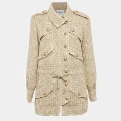 Pre Owned Chanel Beige Tweed Belted Button Detail Jacket S