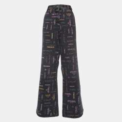 Chanel Black Logo Print Denim Wide-Leg Jeans XXL Waist 38"