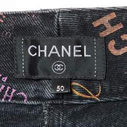Chanel Black Logo Print Denim Wide-Leg Jeans XXL Waist 38"