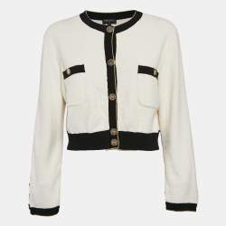 Chanel White Terry Cotton Contrast Trim Cardigan M
