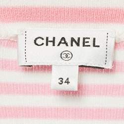 Chanel Pink/White Stripe Rib Knit Band Collar Top S