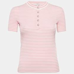 Chanel Pink/White Stripe Rib Knit Band Collar Top S