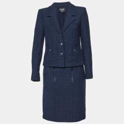 Chanel Navy Blue Tweed Skirt Suit M