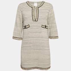 Pre Owned Chanel Beige Striped Knit Beads Embellished Mini Dress M