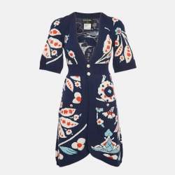Chanel Blue Floral Intarsia Cashmere Jewel Button Detail Cardigan S