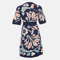 Chanel Blue Floral Intarsia Cashmere Jewel Button Detail Cardigan S