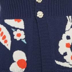 Chanel Blue Floral Intarsia Cashmere Jewel Button Detail Cardigan S