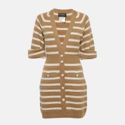 Chanel Beige/Ivory Stripe Cashmere Knit Button Front Mini Sweater Dress M