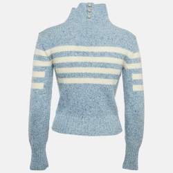 Pre Owned Chanel Blue Patterned Wool High Neck Sweater S