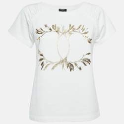Chanel White Logo Foil Print Knit Round Neck T-Shirt XS