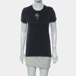 مملوكة مسبقًا تي شيرت شانيل قطن مزين أزرق داكن نسائي فرنسي مقاس 38