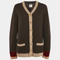 Chanel Brown Cashmere Button Front Lurex Contrast Cardigan M