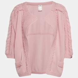 Chanel Pink Patterned Knit Cashmere Open Front Cardigan M