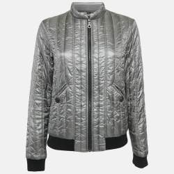 Chanel Grey Nylon Quilted Zip-Up  Jacket M