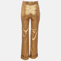 Chanel Gold Print Denim Wide Leg Jeans S Waist 28"