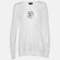 Chanel Off-White Knit Sequin Logo Detail Full Sleeve Sweater L