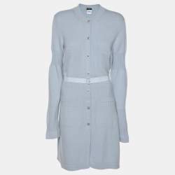 Chanel Light Blue Rib Knit Cashmere Long Sleeve Mini Belted Dress L