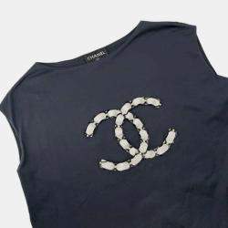 Chanel Navy/White/Black Cotton CC Logo Sleeveless Shirt Size 34   Bag