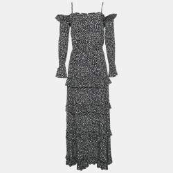 مملوكة مسبقًا Chanel Black Floral Print Silk Ruffled Sleeve Detail Maxi Dress S
