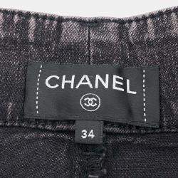 Chanel Grey Cotton Faux Pearl Wide  Denim Pants Size 34