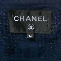 Pre Owned Chanel Navy Blue Tweed Logo Button Detail Jacket L