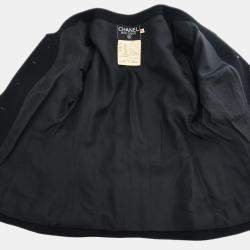 Chanel Black Wool Suit Collarless Jacket Skirt Set Women Size 38 