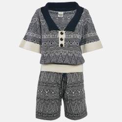 Chanel Navy Blue Patterned Cashmere Knit Top and Shorts S