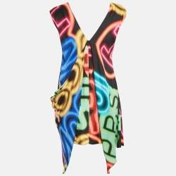  Chanel Multicolor Graffiti Print Silk Asymmetric V-Neck Mini Dress S