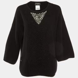 Chanel Black Camelia Cashmere Knit Crew Neck Sweater L
