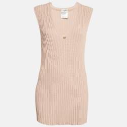 Chanel Pink Rib Knit V-Neck Mini Sweater Dress L