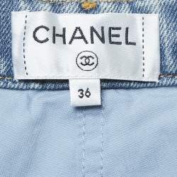 Pre Owned Chanel Blue Washed Denim Logo Tuft Detail Jeans S Waist 30"