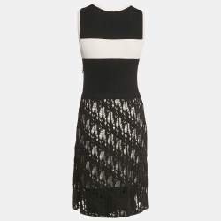 Chanel Black Rib Knit and Patterned Knit Sleeveless Short Dress M