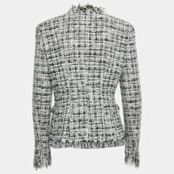 Pre Owned Chanel Black/White Tweed Fringed Button Front Jacket L