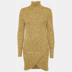 Chanel Gold Sequin Embellished Rib Knit Mini Sweater Dress S