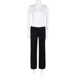Pre Owned Chanel Black Wool Top Stitch Detail Wide Leg Trousers L