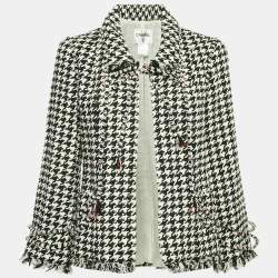 Chanel Black Houndstooth Tweed Open Front Jacket L