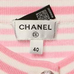Chanel Pink/White Stripe Rib Knit Button Detail Top M