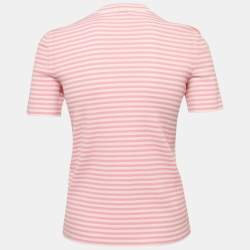 Chanel Pink/White Stripe Rib Knit Button Detail Top M