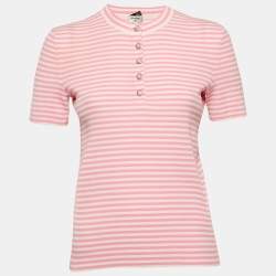 Chanel Pink/White Stripe Rib Knit Button Detail Top M
