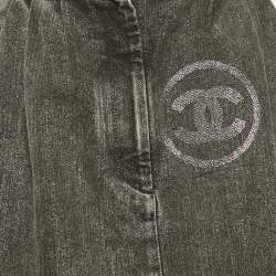Pre Owned Chanel Grey logo Applique Lurex Denim No5 Mini Skirt S