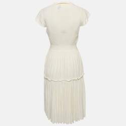 Pre Owned Chanel Off-White Knit Pleated Knee-Length Dress M
