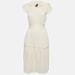 Chanel Off-White Knit Pleated Knee-Length Dress M